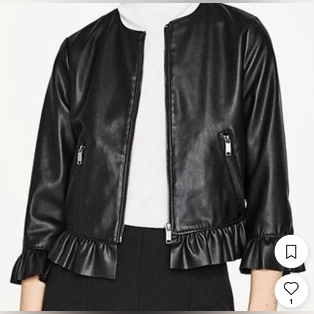 Zara Basics Faux Leather Peplum/Ruffle Trim Jacket